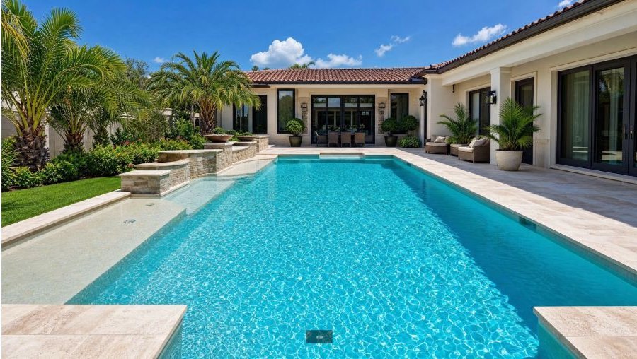 Backyard pool after cleaning, clear blue water
