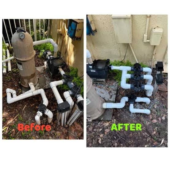 Pool equipment pad before and after Tortuga Pools overhaul, side by side