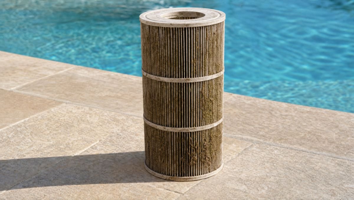 Pool filter cartridge caked in algae from a neglected pool