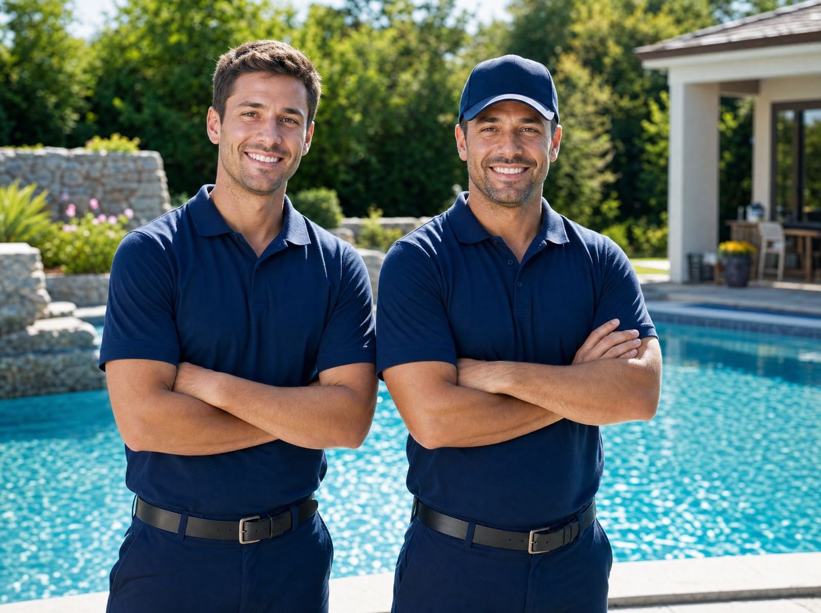 Two Tortuga Pools technicians standing poolside in navy uniforms